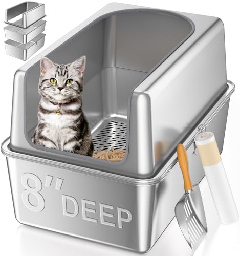 XXL Katzentoilette aus Edelstahl mit Deckel, Sieb-Katzentoilette für Holzkiefer-Pellets, 40,6 cm hohe Seiten, Sieb für Katzentoilette, Geruchskontrolle, leicht zu reinigen, mit Einlagen und Schaufel von Paulmele