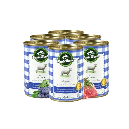 Pauls Beute Hochwertiges Hundefutter Nass | Single-Protein Lamm 60% | 6 x 400g | Mit Spinat & Heidelbeeren | Getreidefreies Nassfutter für ausgewachsene Hunde | Ohne Zusätze | Leicht verdaulich von Pauls Beute