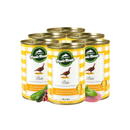 Pauls Beute Hochwertiges Hundefutter Nass | Single-Protein Pute 62% | 6 x 400g | Mit Zucchini & Cranberries | Getreidefreies Nassfutter für ausgewachsene Hunde | Ohne Zusätze | Leicht verdaulich von Pauls Beute
