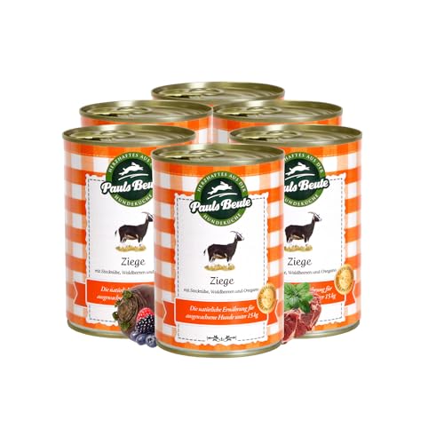 Pauls Beute Hochwertiges Hundefutter Nass | Single-Protein Ziege 60% | 6 x 400g | Mit Steckrübe & Waldbeeren | Getreidefreies Nassfutter für ausgewachsene Hunde | Ohne Zusätze | Leicht verdaulich Pauls Beute Hochwertiges Hundefutter Nass | Single-Protein Ziege 60% | 6 x 400g | Mit Steckrübe & Waldbeeren | Getreidefreies Nassfutter für ausgewachsene Hunde | Ohne Zusätze | Leicht verdaulich von Pauls Beute