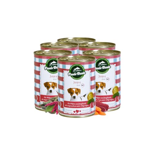 Pauls Beute Hochwertiges Welpenfutter Nass | Junior Rind 60,4% | 6 x 400g | Mit Amaranth, Äpfeln & Leinöl | Getreidefreies Hundefutter für Welpen | Ideal für heranwachsende Hunde | Ohne Zusätze Pauls Beute Hochwertiges Welpenfutter Nass | Junior Rind 60,4% | 6 x 400g | Mit Amaranth, Äpfeln & Leinöl | Getreidefreies Hundefutter für Welpen | Ideal für heranwachsende Hunde | Ohne Zusätze von Pauls Beute