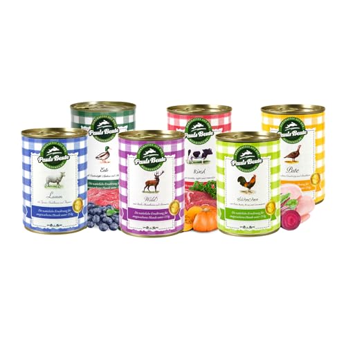 Pauls Beute Probierpaket Nassfutter | Hundefutter Nass für ausgewachsene Hunde | 6 x 400g Sorten-Mix | Inkl. Gratis Dosendeckel | Getreidefrei | Monoprotein | Glutenfrei | Laktosefrei | Zusatzfrei von Pauls Beute