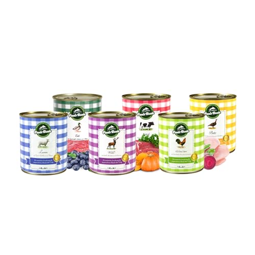 Pauls Beute Probierpaket Nassfutter | Hundefutter Nass für ausgewachsene Hunde | 6 x 800g Sorten-Mix | Inkl. Gratis Dosendeckel | Getreidefrei | Monoprotein | Glutenfrei | Laktosefrei | Zusatzfrei von Pauls Beute