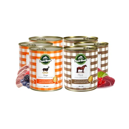 Pauls Beute Probierpaket Nassfutter Ziege & Pferd | 6 x 800g | Hypoallergenes Hundefutter Nass | Monoprotein | Fettreduziert | Ohne Künstliche Zusatzstoffe | Inkl. Gratis Dosendeckel von Pauls Beute
