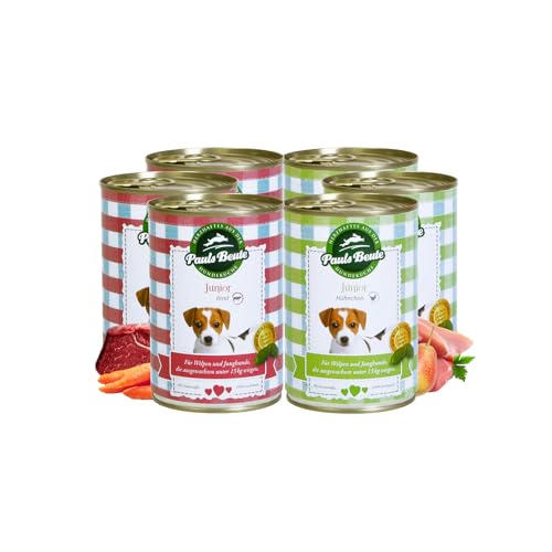 Pauls Beute Testpaket Welpenfutter Nass | 6 x 400g Huhn & Rind | Getreidefrei | Monoprotein | Glutenfrei | Laktosefrei | Premium Hundefutter Nass für wachsende Welpen | Gratis Dosendeckel von Pauls Beute