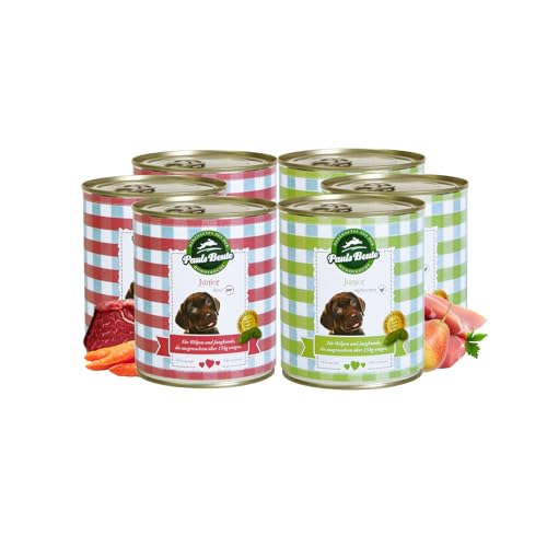 Pauls Beute Testpaket Welpenfutter Nass | 6 x 800g Huhn & Rind | Getreidefrei | Monoprotein | Glutenfrei | Laktosefrei | Premium Hundefutter Nass für wachsende Welpen | Gratis Dosendeckel von Pauls Beute