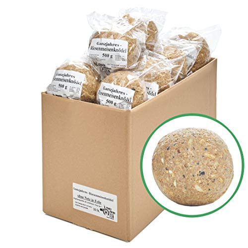 Paul´s Mühle Ganzjahres Riesen-Meisenknödel, Ganzjahresfutter für Wildvögel, reduzierter Schalen- und Nussanteil, ohne Netz, 16 Stück (16 x 500 g) von Paul´s Mühle