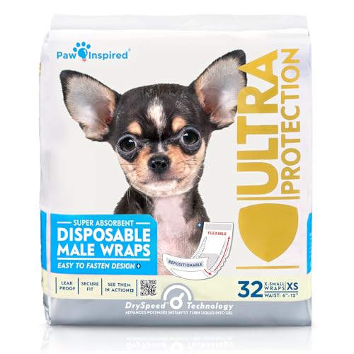 Paw Inspired Einweg-Hundewindeln | männliche Hundewindeln Ultra Schutz | Bauchband für männliche Hunde | erregbares Urinieren, Inkontinenz oder männliche Markierung (32 Stück, XS) von Paw Inspired