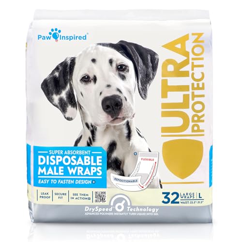 Paw Inspired Einweg-Hundewindeln | männliche Hundewindeln Ultra Schutz | Bauchband für männliche Hunde | erregbares Urinieren, Inkontinenz oder männliche Markierung (32 Stück, groß) von Paw Inspired