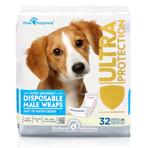 Paw Inspired Einweg-Hundewindeln | männliche Hundewindeln mit hohem Schutz | Bauchband für männliche Hunde | erregbares Urinieren, Inkontinenz oder männliche Markierung (32 Stück, Größe M) von Paw Inspired