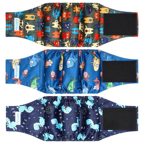 Paw Legend Waschbare Hunde-Bauchband-Wickelwindeln für Rüden, hochabsorbierende Welpen- und Hundewindeln für Rüden (3er-Pack, klein), PL-B-MP-1, Monster & Dinosaurier & Fische von Paw Legend