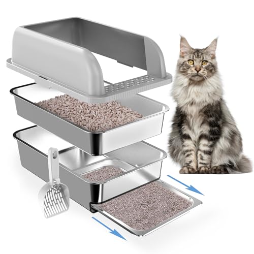 59,9 x 39,9 x 15,2 cm geschlossene Edelstahl-Katzentoilette mit Deckel, XL-Siebtoilette für Kiefernpellets mit herausnehmbarer Schubladenpfanne für einfache Reinigung, hohe Seiten, großes Metall-Klo von Paw Libero