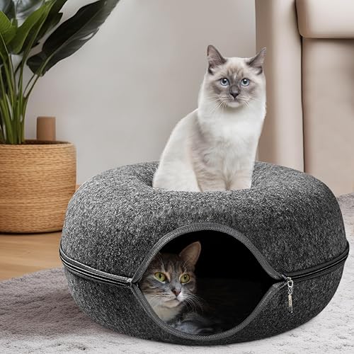 PAWSAGE Katzen-Donut XXL Katzenhöhle extra groß, 60x60x28cm Dunkelgrau, Katzenbett Katzendonut Katzenkörbchen Katze Cat, kuschelig und flauschig, Anti-Stress Katzenkissen Kuschelbett Katzentunnel von Paw Sage