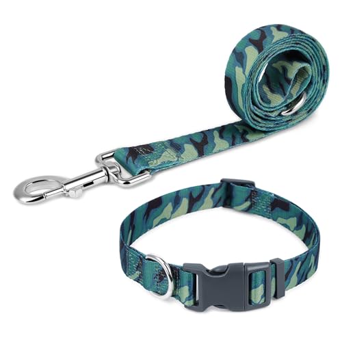 Pawhuggies Hundehalsband-Leinen-Set, gemustert, verstellbare Schnellverschluss-Schnallen aus Kunststoff und robuster D-Ring-Nylon-Leine, robust, langlebig, grünes Tarnmuster, Größe M von PawHuggies