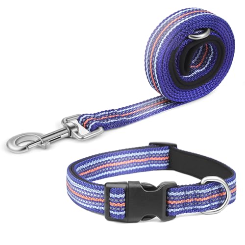 Pawhuggies Reflektierendes Hundehalsband und Leine, Nylon-Leine mit robustem D-Ring aus Stahl, verstellbares Halsband mit Schnellverschluss-Schnalle, 4 Farben passend in Dunkelblau von PawHuggies