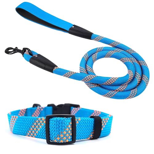 Pawhuggies Reflektierendes Hundehalsband und Leine, verstellbar, gepolstert, für Welpen, atmungsaktives Nylon-Halsband für Hunde, 1,5 m Nylon, flache Hundeleine, Blau, Größe M Pawhuggies Reflektierendes Hundehalsband und Leine, verstellbar, gepolstert, für Welpen, atmungsaktives Nylon-Halsband für Hunde, 1,5 m Nylon, flache Hundeleine, Blau, Größe M von PawHuggies