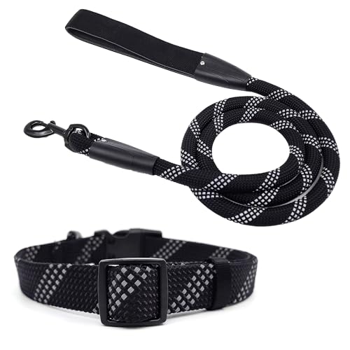 Pawhuggies Reflektierendes Hundehalsband und Leine, verstellbar, gepolstert, für Welpen, atmungsaktives Nylon-Halsband für Hunde, 1,5 m Nylon, flache Hundeleine, Schwarz, Größe M Pawhuggies Reflektierendes Hundehalsband und Leine, verstellbar, gepolstert, für Welpen, atmungsaktives Nylon-Halsband für Hunde, 1,5 m Nylon, flache Hundeleine, Schwarz, Größe M von PawHuggies