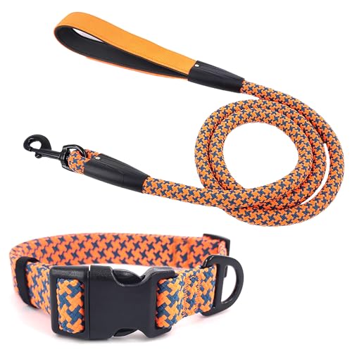 Pawhuggies Reflektierendes Hundehalsband und Leine, verstellbar, gepolstert, für Welpen, atmungsaktives Nylon-Halsband für Hunde, 152 cm, flach, orangefarbenes Karomuster, Größe L Pawhuggies Reflektierendes Hundehalsband und Leine, verstellbar, gepolstert, für Welpen, atmungsaktives Nylon-Halsband für Hunde, 152 cm, flach, orangefarbenes Karomuster, Größe L von PawHuggies