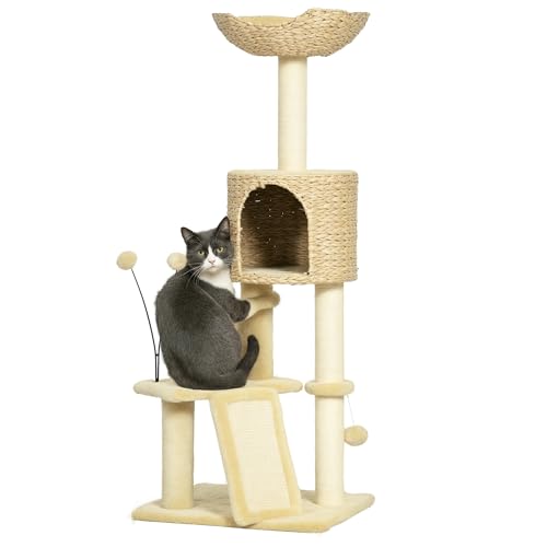 PawHut 116cm Kratzbaum für Wohnungskatzen, Katzenturm mit Kratzbäumen, Rampe, Katzenhaus, Spielzeugbällen, Plattformen, Bett, Rampe - Beige von PawHut