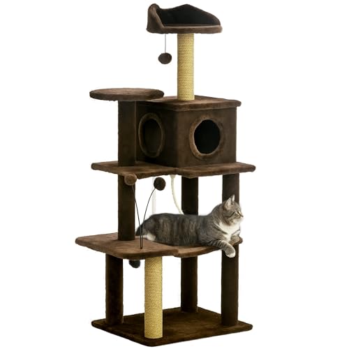 PawHut 136cm Kratzbaum für Wohnungskatzen, Katzenturm mit Kratzbäumen, Hängematte, Spielzeugball, Katzenhaus, Plattformen - Braun von PawHut