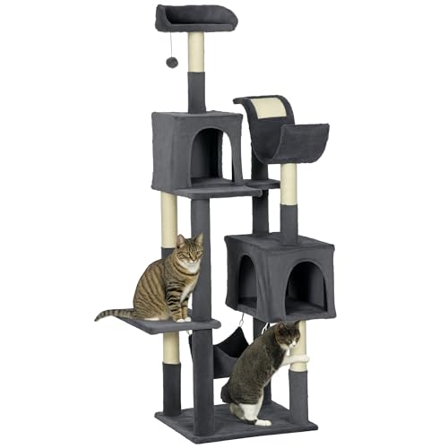 PawHut 177cm Kratzbaum für Wohnungskatzen, mehrstöckiger Kätzchen-Kletterturm, mit Kratzbäumen, Zwei Katzenhäusern, Sitzstangen, Spielzeugball - Dunkelgrau von PawHut