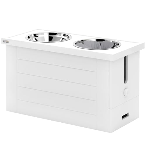 PawHut 2-in-1 Erhöhter Hundenapf Höhenverstellbar Futternapf mit Ständer Stauraum 2 x 2L Edelstahlnäpfen Langsamfuttermatte Fressnapf Futterstation Hundenäpfe für Große Hunde Katzen Weiß von PawHut