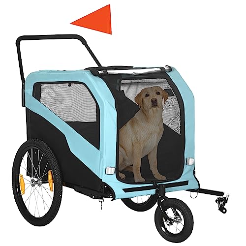 PawHut 2-in-1 Hundeanhänger, Fahrradanhänger für Hunde, Hundewagen mit Reflektoren, Hundebuggy max. 30 kg, Hundefahrradanhänger für Große Hunde, Oxford-Gewebe, Blau von PawHut