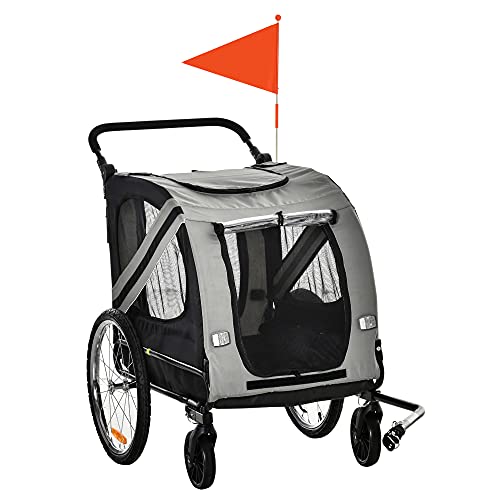 PawHut 2-in-1 Hundeanhänger & Hundebuggy, Hundefahrradanhänger Fahrradanhänger, Hundewagen mit Reflektoren für Mittelgroße Hunde bis 20 kg, Oxford-Gewebe, Grau von PawHut