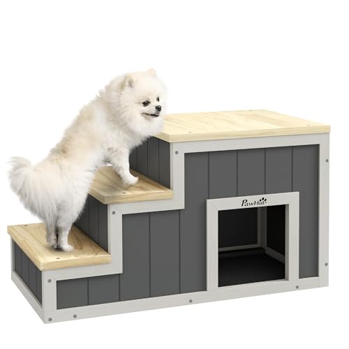 PawHut 2-in-1 Hundetreppe, Katzentreppe mit Höhle, Haustiertreppe mit 3 Stufen, Haustierrampe aus Holz, Katenleiter bis 30 kg Belastbar, für Sofa, Bett, Natur, Grau von PawHut