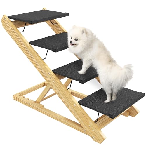 PawHut 2 in 1 Hundetreppe 4-stufige 62,5 cm Höhenverstellbar Hunderampe mit Rutschfester Oberfläche Klappbar Haustiertreppe für Bett, Sofa, Katze, große Hunde bis 40 kg, Natur von PawHut
