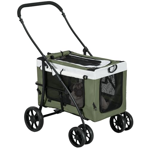 PawHut 2 in 1 Hundewagen Hundebuggy klappbar für Hunde & Katzen bis 10 kg Katzenbuggy mit Kissen Netzfenstern Türen Aufbewahrungskorb Katzenwagen Buggy Dunkelgrün von PawHut