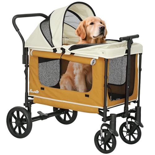 PawHut 2 in 1 Hundewagen Hundebuggy klappbar für Hunde & Katzen bis 30 kg Bollerwagen mit Kissen Netzfenstern 2 Türen Aufbewahrungstasche Katzenwagen Buggy Braun von PawHut