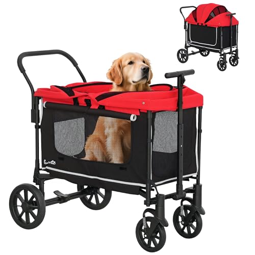 PawHut 2 in 1 Hundewagen Hundebuggy klappbar für Hunde & Katzen bis 30 kg Bollerwagen mit Kissen Netzfenstern 2 Türen Aufbewahrungstasche Katzenwagen Buggy Rot von PawHut