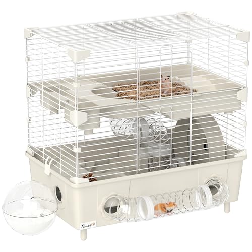 PawHut 2-stöckiger, 3-türiger Hamsterkäfig mit Rad, Katzenklo und Spielröhren, Stahl, PS und PP Haustierkäfig, 44,5x28x44 cm, Creme und Weiß PawHut 2-stöckiger, 3-türiger Hamsterkäfig mit Rad, Katzenklo und Spielröhren, Stahl, PS und PP Haustierkäfig, 44,5x28x44 cm, Creme und Weiß von PawHut