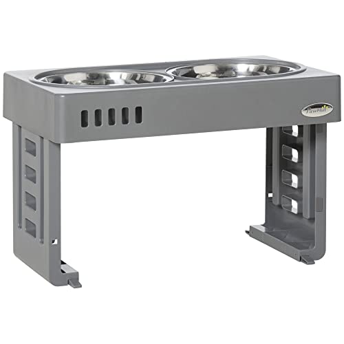 PawHut 2er Set 1.2L Hundenäpfe mit abnehmbaren Beinen, Hundenäpfe Größe S, M und L Erhöhtes ABS und Stahl, 44x27.7x28 cm, Grau und Silber von PawHut