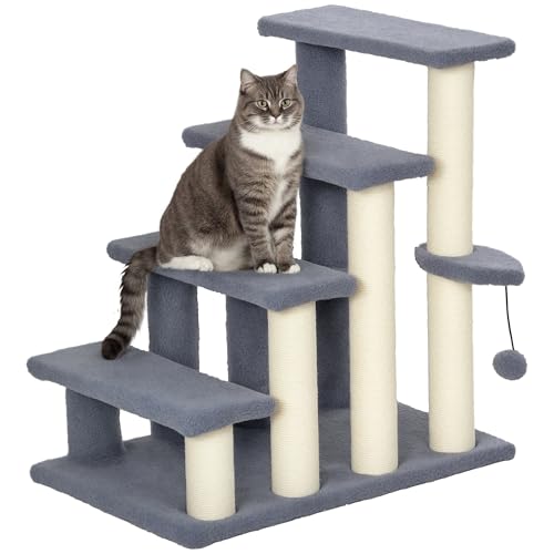 PawHut 4-stufige Katzentreppe Haustierleiter mit weichem Flanell überzogen Sisal Sisal Post Hängende Kugel Katzenkratzbaum 60x40x64 cm Grau von PawHut