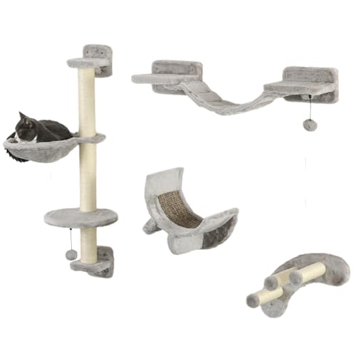 PawHut 4-teiliges Katzen-Regal-Set, Wandkratzer für Katzen, mit Hängematte, Kratzstäbe, weiche Treppe, Plattformen, Grau PawHut 4-teiliges Katzen-Regal-Set, Wandkratzer für Katzen, mit Hängematte, Kratzstäbe, weiche Treppe, Plattformen, Grau von PawHut