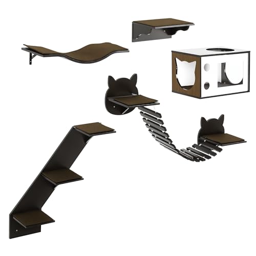 PawHut 5 Stück Katzen-Wandregale, wandmontierter Kratzbaum für den Innenbereich, mit gebogener Plattform, Katzenhaus, Brücke, Treppe, Sitzstange - Braun PawHut 5 Stück Katzen-Wandregale, wandmontierter Kratzbaum für den Innenbereich, mit gebogener Plattform, Katzenhaus, Brücke, Treppe, Sitzstange - Braun von PawHut