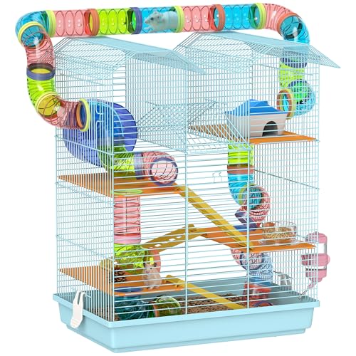 PawHut 5-stöckiger Hamster- und Nagetierkäfig, Hamsterkäfig mit farbigen Röhren, Rad, Haus und Zubehör im Lieferumfang enthalten, 47x30x59 cm, hellblau von PawHut
