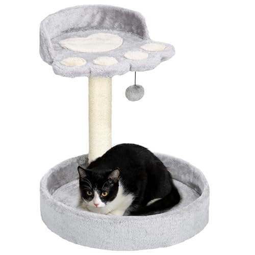 PawHut 5kg Katzenkratzbaum mit Bettchen und Ball, Katzenspielplatz mit Plüschbeschichtung und Juteseil, 41x41x44 cm, Hellgrau von PawHut
