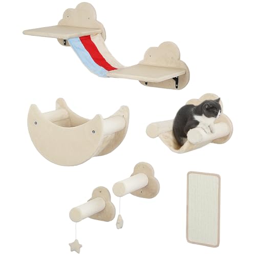 PawHut 6-teilige Katze Klettern Wand Set Himmel Thema Katze Racks mit Hängematten Plattformen Leitern Kratzbrett Sisal Post Beige Spielzeug Sterne von PawHut