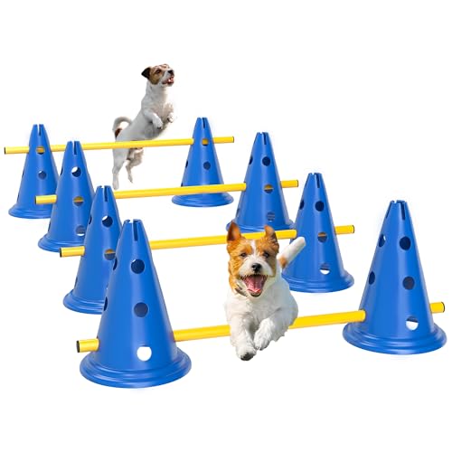 PawHut Agility-Ausrüstung für Hunde, tragbares Haustier-Spring-Trainingsset für acht Kegel, acht Stangen mit Tragetasche, vierteilige, höhenverstellbare Sprunghindernisse, Blau von PawHut