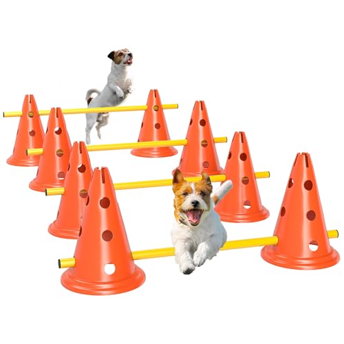 PawHut Agility-Ausrüstung für Hunde, tragbares Haustier-Spring-Trainingsset für acht Kegel, acht Stangen mit Tragetasche, vierteilige, höhenverstellbare Sprunghindernisse, Orange von PawHut