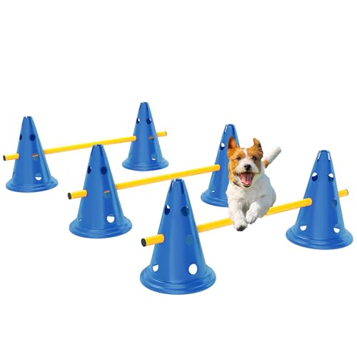 PawHut Agility-Ausrüstung für Hunde, tragbares Haustier-Spring-Trainingsset für sechs Kegel, sechs Stangen mit Tragetasche, dreiteilige, höhenverstellbare Sprunghindernisse, Blau von PawHut