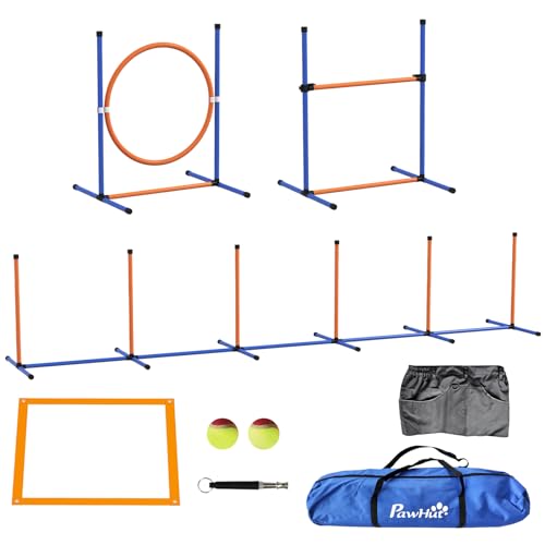 PawHut Agility-Ausrüstungs-Set für Hunde, 8-teiliges Agility-Kit für den Außenbereich, mit gewebten Stangen, verstellbarer hoher Sprungring, Hürde, Pausenbox, Tennisbälle, Pfeife, Trainingsshorts von PawHut