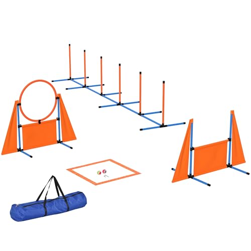 PawHut Agility-Trainingsset für Hunde, 6-teiliges Agility-Set für Hunde, mit Heringen für Slalom, Ruhezone, Zaun, Sprungring und Bälle, Orange von PawHut