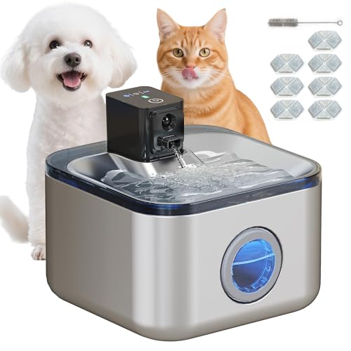 PawHut Automatischer, kabelloser Edelstahl-Katzenwasserspender 4,2L, mit LED-Anzeige, ultraleiser Pumpe, 4000 mAh Akku, Katzenwasserspender mit USB-Ladegerät, Silber von PawHut