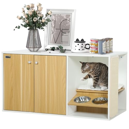 PawHut Cat Litter Box 3 in 1 Nest Beistelltisch Katzentoilette mit Türen Kissen Schalen Kratzmatte und Fach für Wohnzimmer Schlafzimmer 95x48x50,5 cm Weiß & Eiche von PawHut