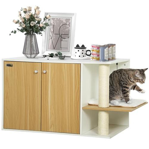 PawHut Cat Litter Box Furniture 3 in 1 Nest Beistelltisch Katzentoilette mit Türen Kissen Kratzbaum und Spielzentrum für Wohnzimmer Schlafzimmer 94x48x50,5 cm Eiche und Weiß von PawHut