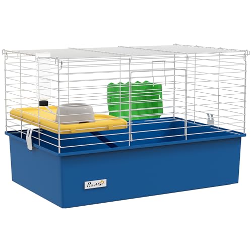 PawHut Chinchillas Kleiner Kaninchen Meerschweinchen Kleintierkäfig Haustier Spielhaus mit Plattform Rampe Futter Schüssel Wasserflasche 71 x 46 x 47 cm Blau von PawHut